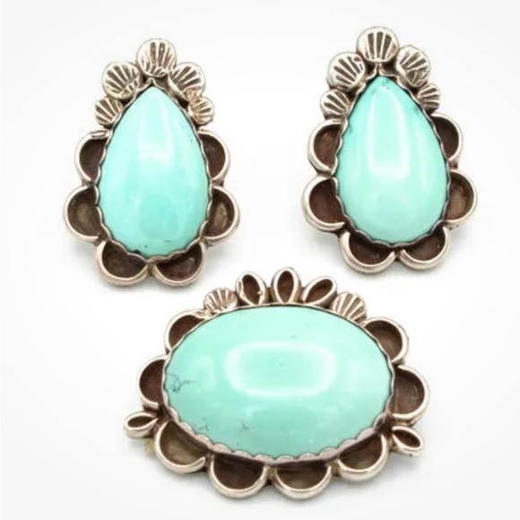 Native American earring and broach with sterling silver and turquoise - Picture 6 of 16